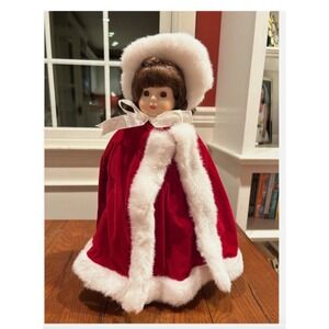 ANCO 14" Porcelain Christmas Winter Doll red velvet dress w/ faux fur vintage